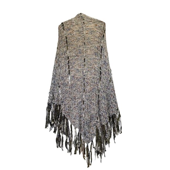 Chico's Boho Open-Knit Fringe Poncho Shawl Wrap Earthy Festival Multicolor - Picture 3 of 12